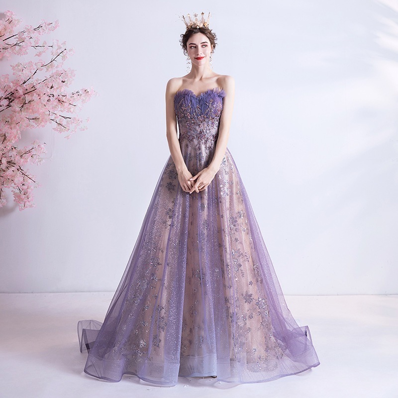 イブニングドレス2024セクシーなブパープルスパンコール星空スカート結婚式花嫁芸術試験衣装夏