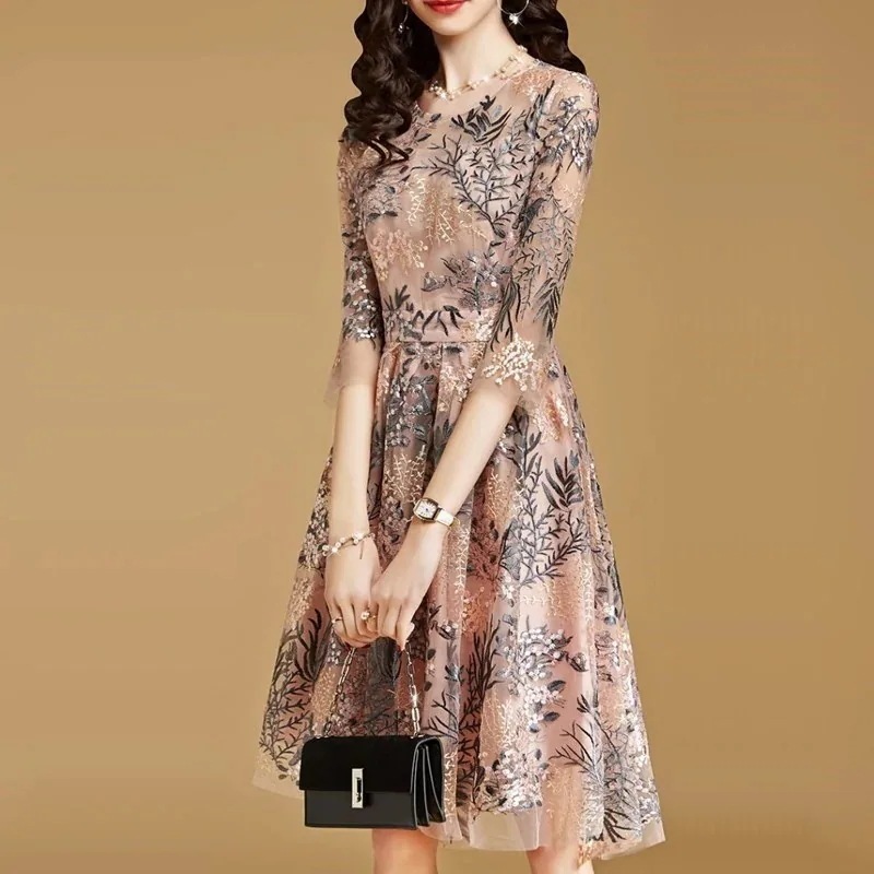 膝丈ワンピース 七分袖 ワンピースドレス レース刺繍ワンピース きれいめ 花柄 レディース 服