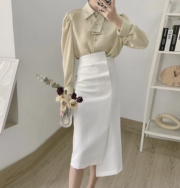 レディース スカート ラップスカート 膝丈 ストレート アシンメトリー スリット サイドボタン ハイウエスト かわいい 大人可愛い きれいめ シンプル カジュアル 上品 おしゃれ クール 無地 春 夏