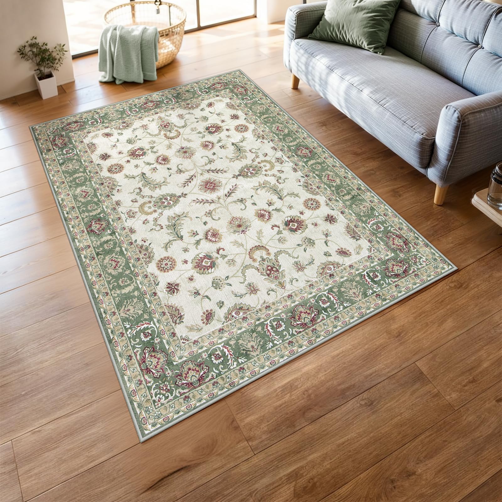 HAOCOO ラグ カーペット 1畳 洗える 120х160cm ラグマット オールシーズン適用 ペルシャ風 じゅうたん 滑り止め ホットカーペット対応 防音 寝室 ラグ 耐磨耗性 軽量 花柄 グリー