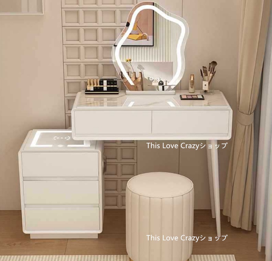 スマートクリーム風ドレッサ メイク台 2026 新デザイン クリーム調 無垢材 + 岩板 収納キャビネット一体型 サイドテーブル 小スペース向けメイクデスク 化粧台＋キャビネット＋３色ミラー