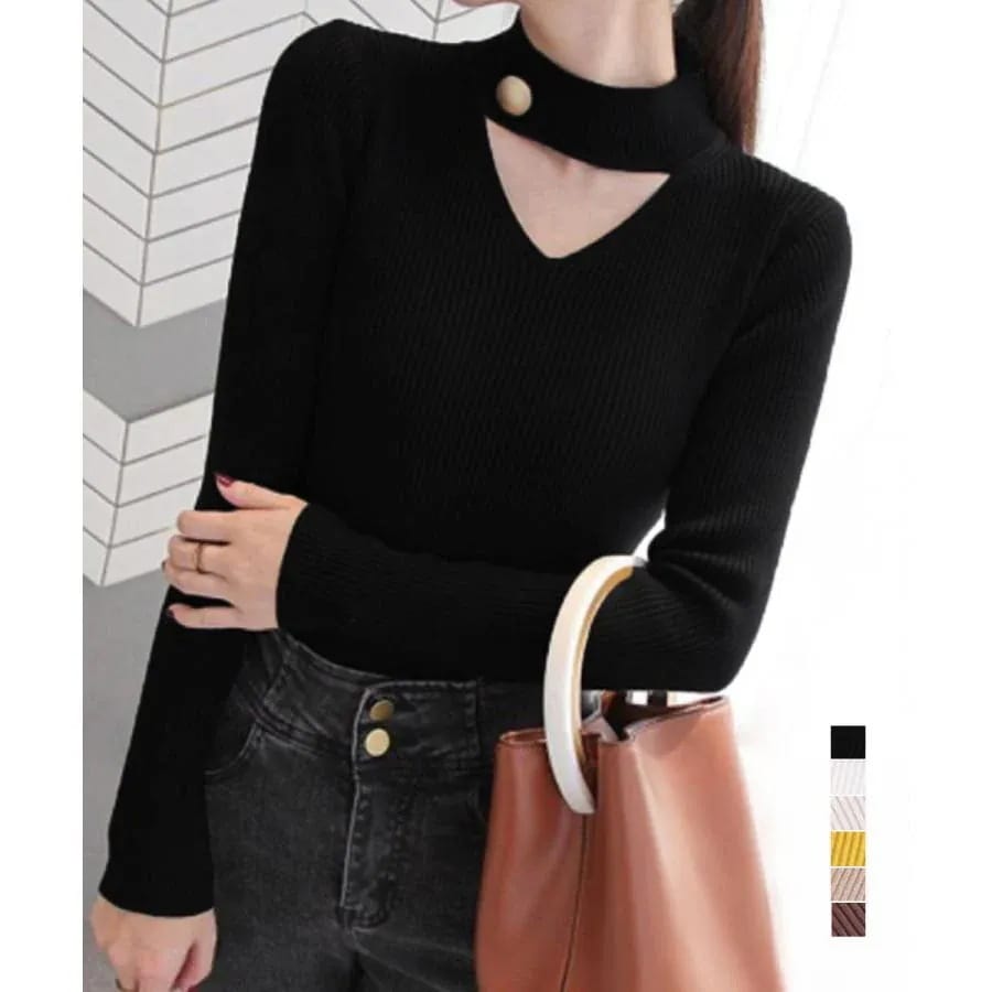 韓国ファッション チョーカー風 リブニット レディース ニットカットソー セーター セクシー プルオーバー おしゃれ きれいめ