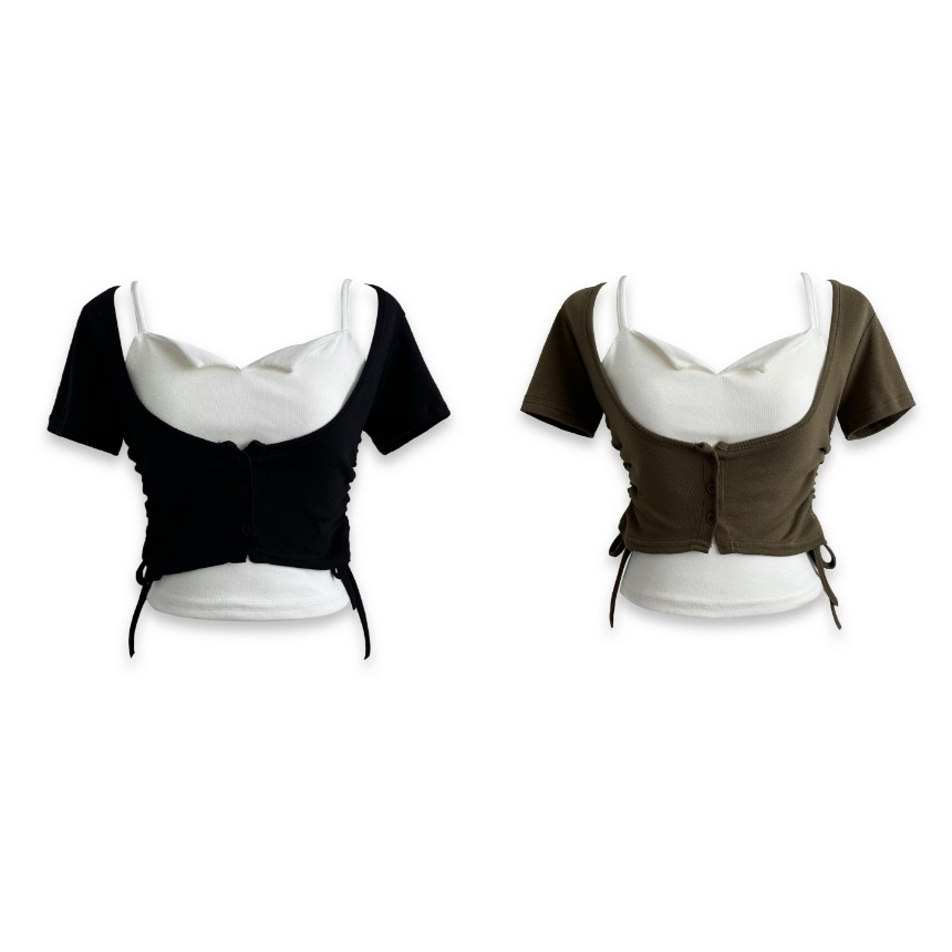 Y2Kシャーリング レイヤード キャミソール 半袖 カーディガンセット