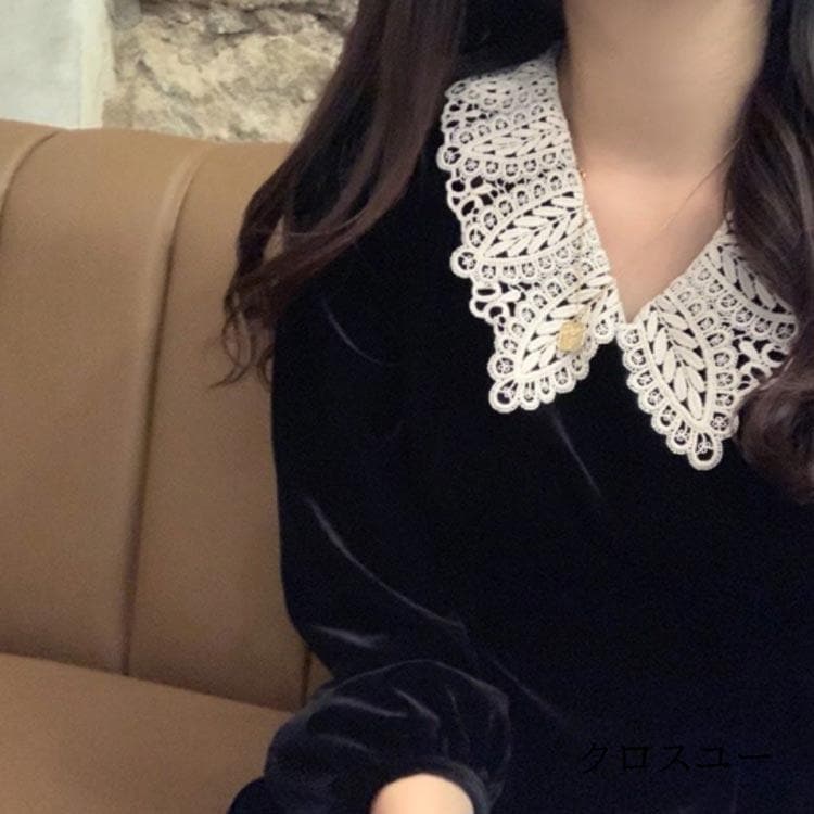 ベルベットワンピース ベロアワンピース レース襟 ミモレ丈 ドレス ワンピース Aライン ロング ワンピース 着痩せ フォーマル 通勤 フェ