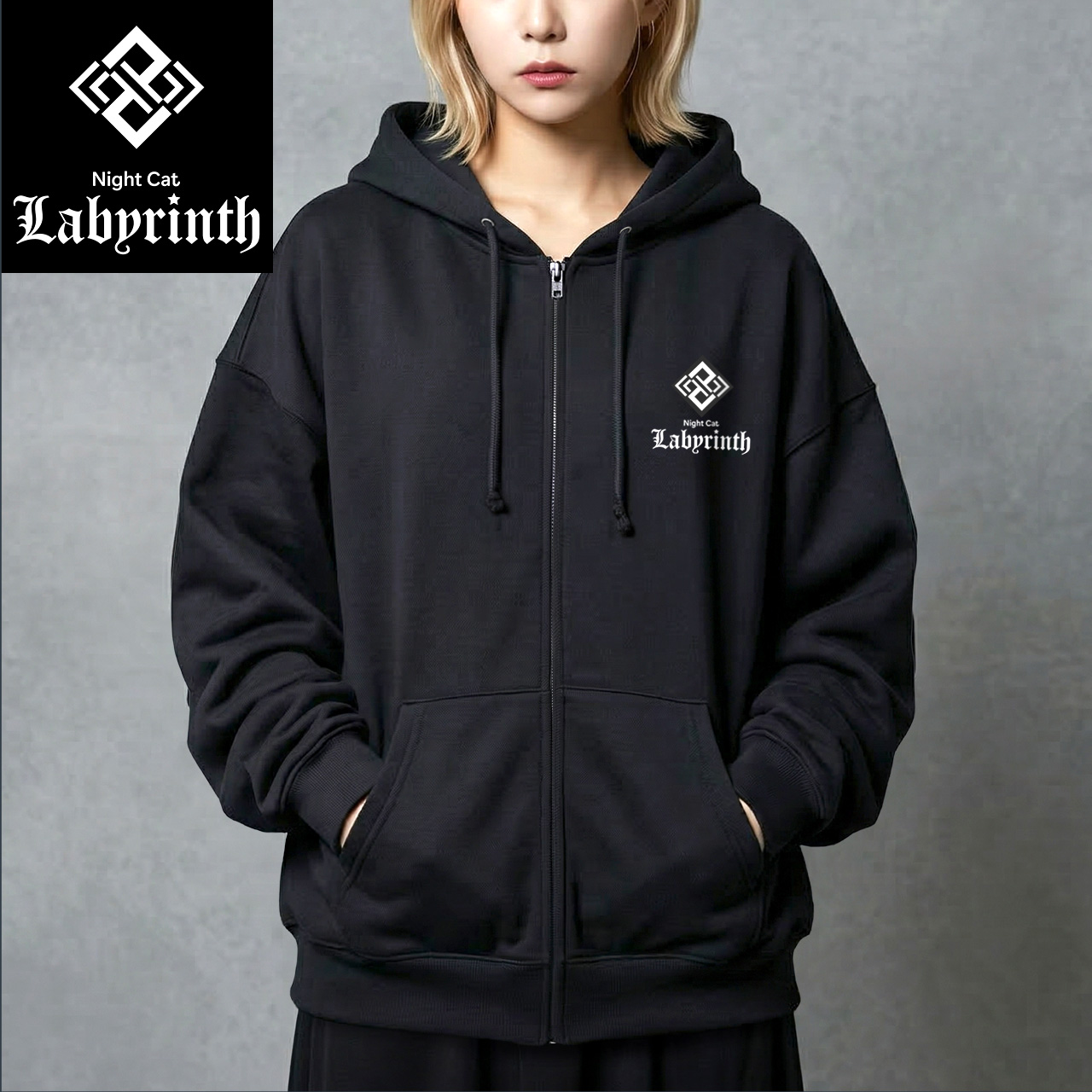 【Night Cat Labyrinth】ナイトキャットラビリンス 前面ロゴのみ フルジップパーカー 10oz 裏パイル (ブラック)　黒猫 ゴシック ダークファンタジー ストリートファッション