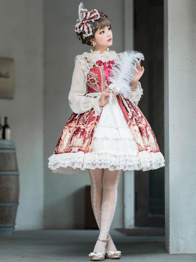 【短納期】クラシックロリータJSKドレスタリアストーリージャカードボウオープンフロントブルゴーニュMilanoo限定ロリータジャンパースカー