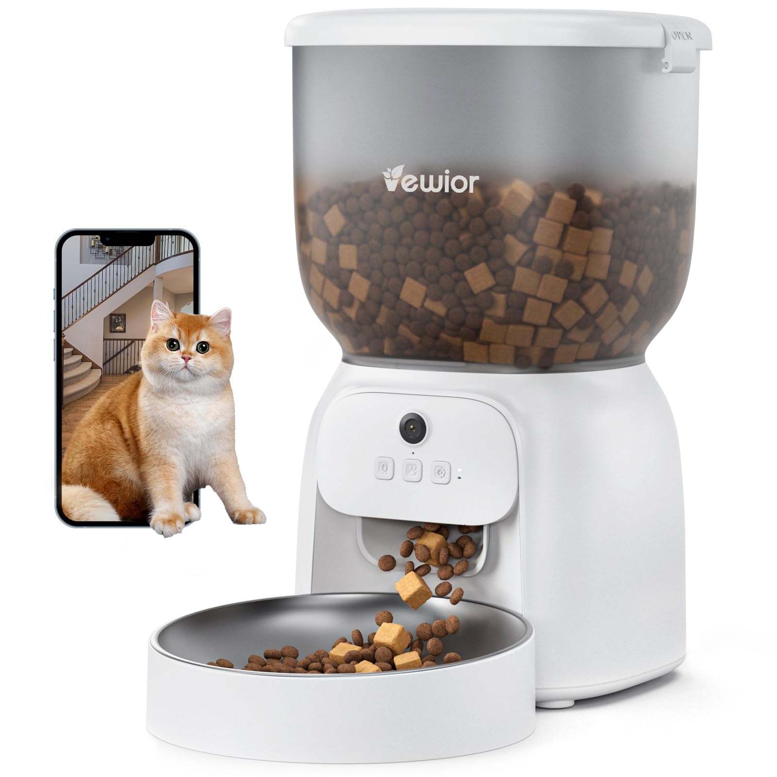 VEWIOR 自動給餌器 猫犬対応 300万高画素 自動餌やり機 猫 犬 スマホ遠隔 見守りカメラ付き 洗える 定時定量 4L 大容量 タイマー対応 手動可 2WAY給電 乾燥剤 10秒録音 1日6食
