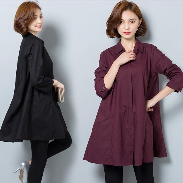 Aライン チュニック シャツ 長袖 大きいサイズ レディース トップス シャツワンピース ミニ丈 カジュアル シンプル XL 2XL 3XL 4XL 5XL 大きいサイズ ブラック ワインレッド