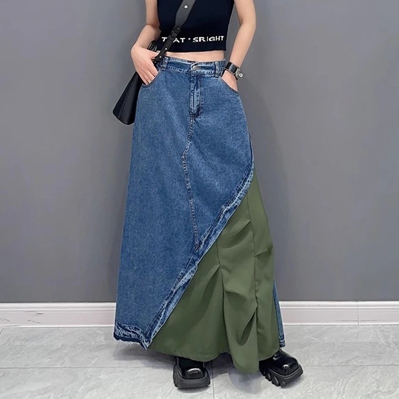新作 おしゃれ カジュアル 気質 スカート ゆったり ロングスカート 切り替え デニムスカート デニムボトムス マキシスカート プリーツスカート