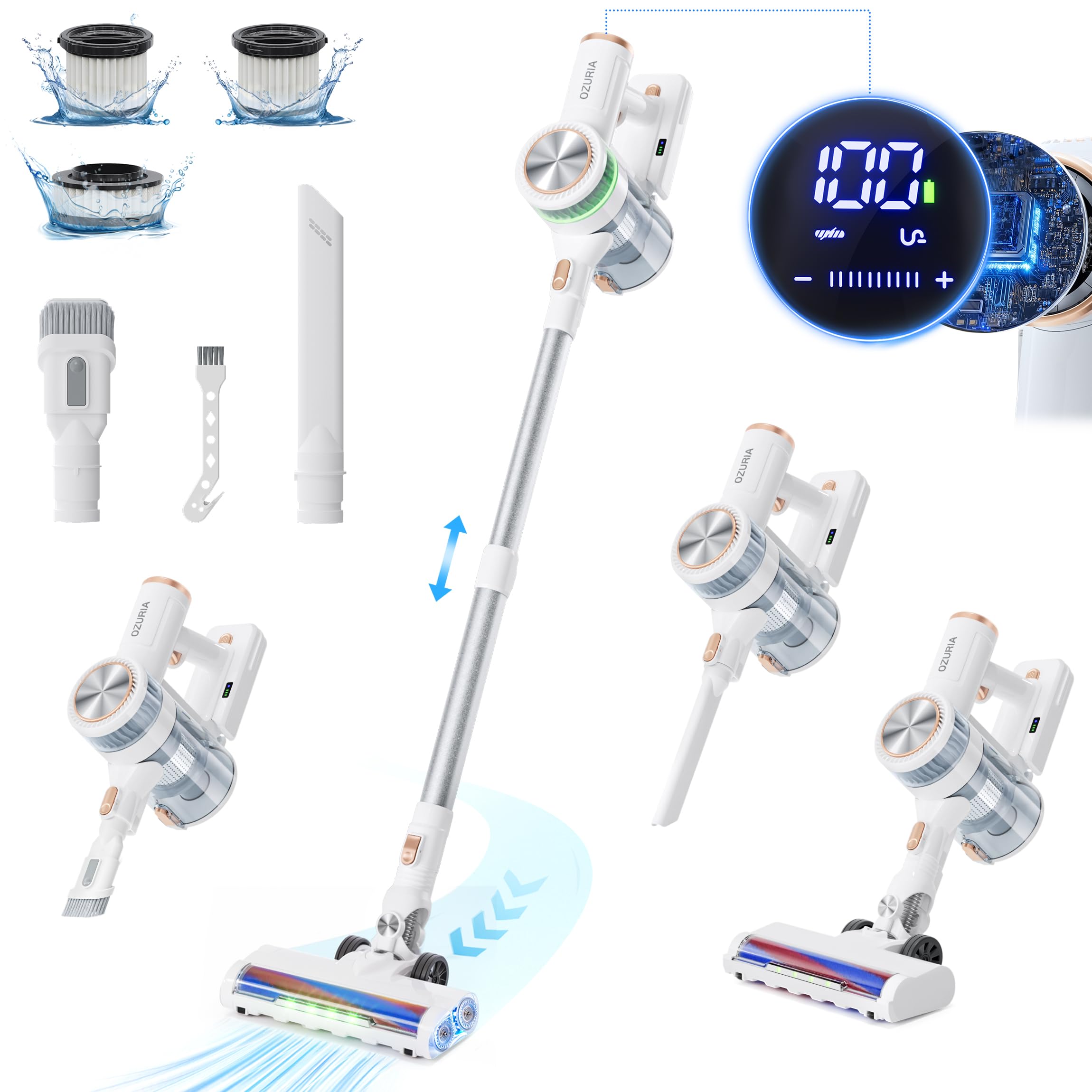 掃除機 コードレス 45000Pa 【業界初 ムードライト登場】 OZURIA コードレス掃除機 着脱式バッテリー 軽量 3段吸引力 サイクロン掃除機 スティック/ハンディ 2WAY 50分間連続稼働