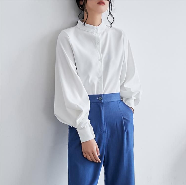 春と秋のレトロランタンスリーブスタンドカラーシフォンシャツ女性のハンファンルーズバブル長袖カジュアルトップ 6,159円