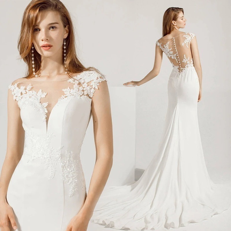 パーティードレスドレスノースリーブフィッシュテールスカート 花嫁 結婚式　 Vネック結婚式 ウェディングドレス 美背 レース セクシー