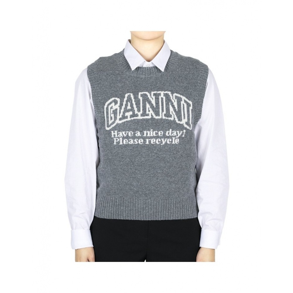 GANI 女性用ロゴグラフィッククルーネックウールニットベスト (グレー) K2308 523