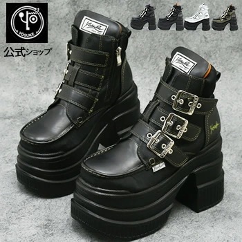 【公式SHOP特典キズ補修液付】 ヨースケ 厚底ブーツ レディース 　スリーバックルショートブーツ 11cm 厚底ヒール