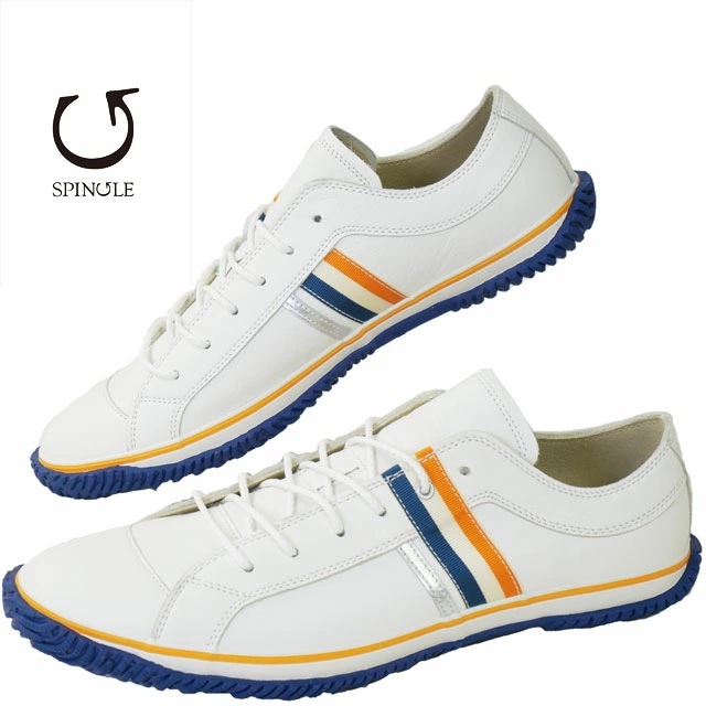 スピング スニーカー メンズ 日本製 本革 靴 レディース カジュアルシューズ ローカット レザースニーカー ホワイト/オレンジ SP-168
