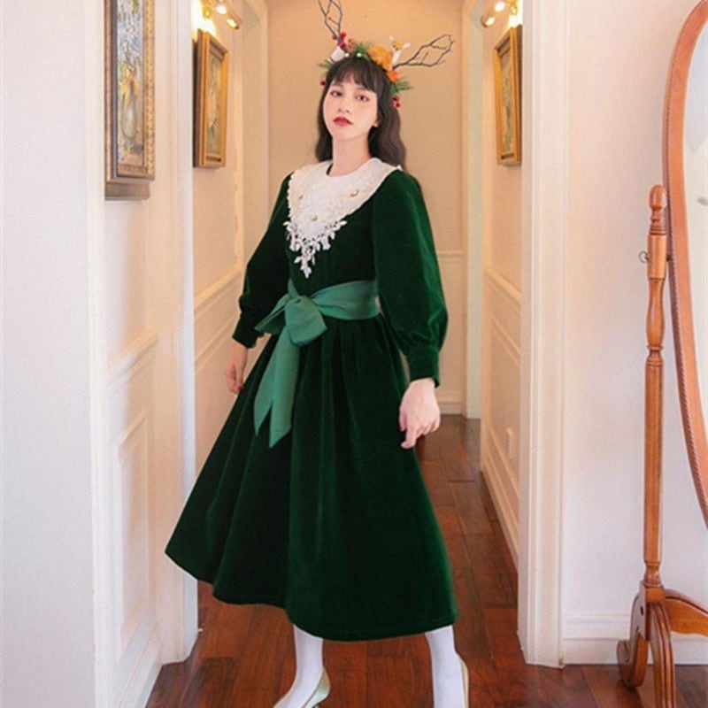 古着感森系墨緑シルク甘美刺繍ストール襟少女大摆小礼服ワンピース女Lolita