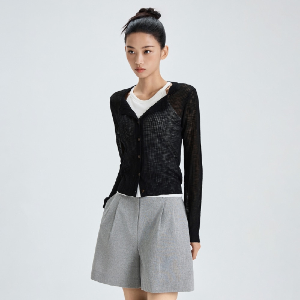 MIXXO エッセンシャル ラウンドネック シースルー カーディガン_MIWCKF730T