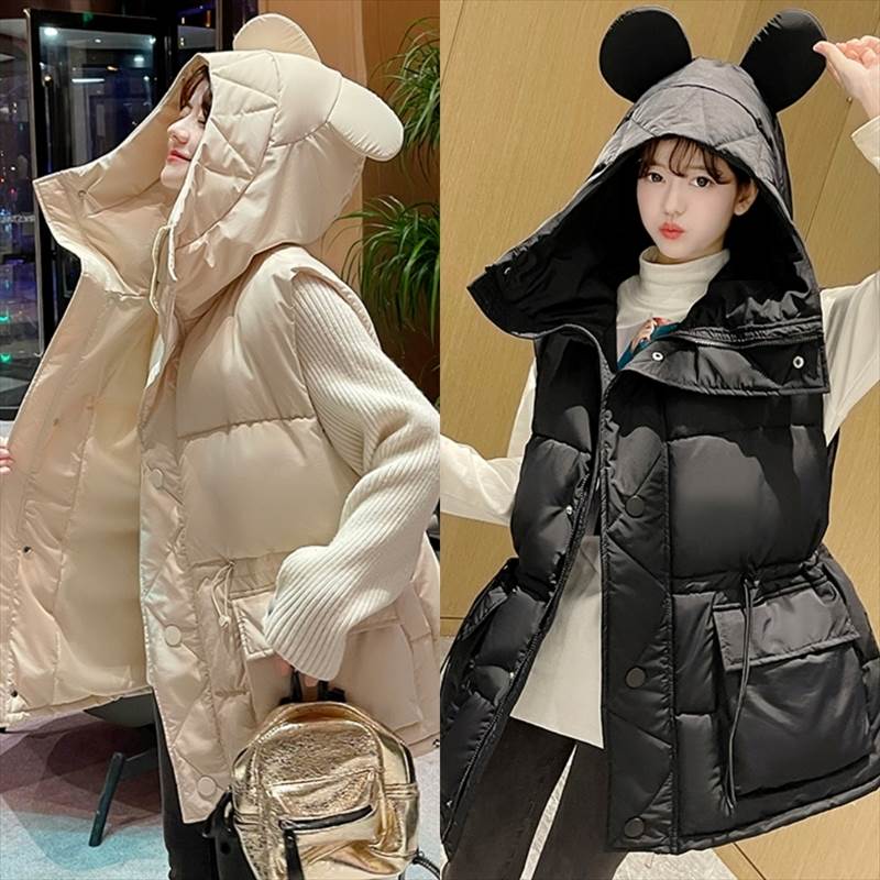 ダウン ベスト レディース ミドル丈 黒 耳付き かわいい ラブリー アウター ブラック ベージュ フード付き くま もこもこ 大きいサイズ 袖なし 大人可愛い 個性的 おしゃれ カジュアル 暖かい