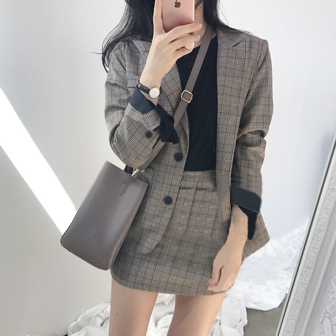 セットアップ ブレザー ジャケット スカート ショート丈 袖あり 長袖 襟付き スリム 細身 前開き 2way ツーピース かっこいい 大人女子 マニッシュ 個性的 ブラウン グレー S M 5,378円