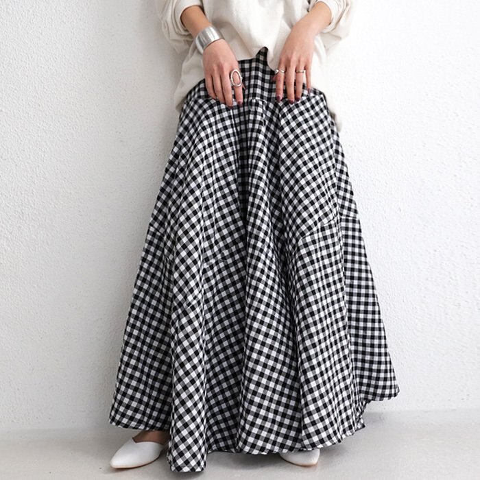ギンガム柄フレアスカート スカート レディース ボトムス ロング 7月9日10時再再販レディースフ