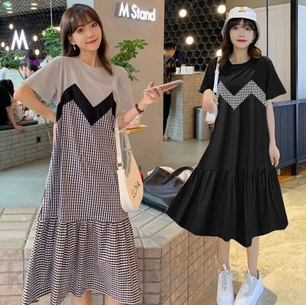 ギンガムチェック Tシャツ ワンピース 夏 春 膝丈 ひざ下 半袖 切り替え ティアードワンピース シャツワンピース 黒 Aライン 大きいサイズ 3L 4L 5L チェック柄 韓国 ファッション カジ