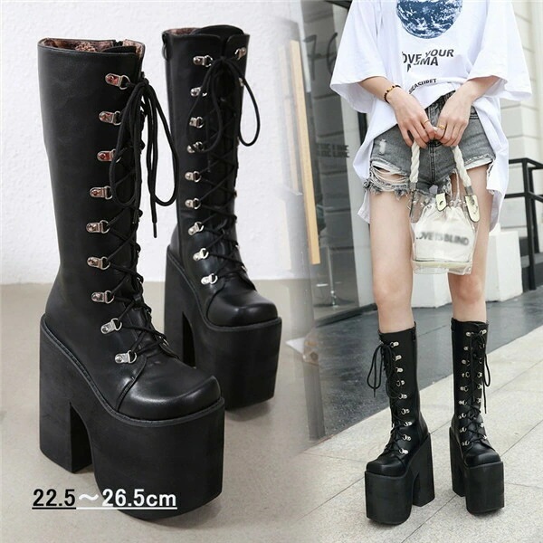 編み上げブーツ ロングブーツ 靴 超厚底 ヒール17cm 春秋 ブラック 黒 シンプル PU シューズ 厚底 メイド靴 パンク風 ヴィンテージ コスプレ ゴシック 女の子 シューズ おしゃれ 日常