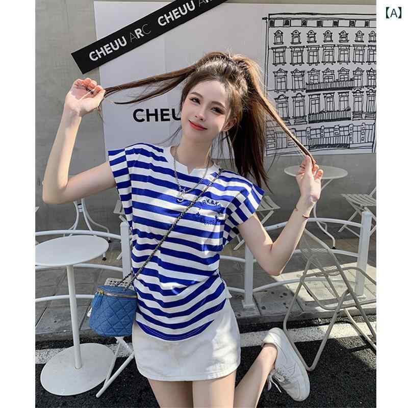 レディース トップス カジュアル おしゃれ ストライプ コットン 半袖 Tシャツ 夏 スリム 西洋 ユニーク シック Tシャツ