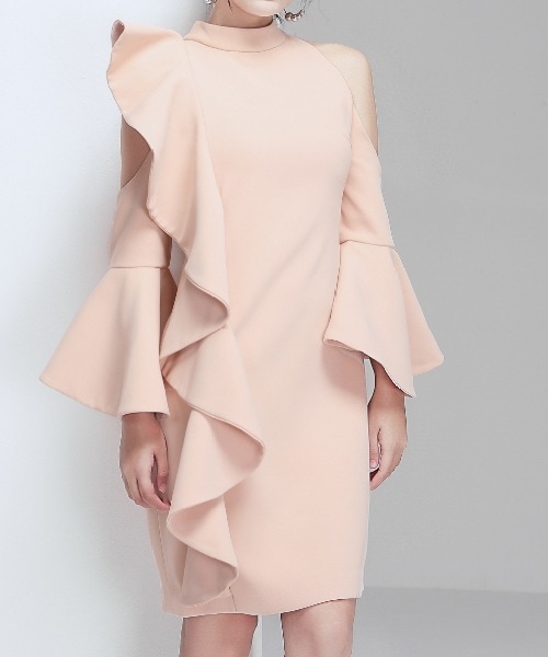 レディース パーティードレス パーティー 結婚式 二次会 ミニ クルーネック オフショル タイト アシンメトリー フリル ファスナー 大人可愛い エレガント 存在感 華やか 無地 パーティー