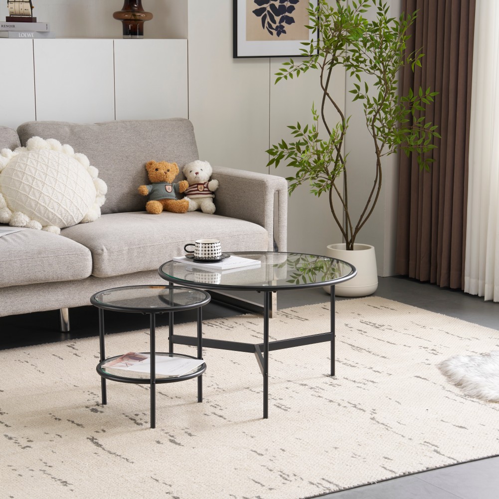 【国内発送&送·料·無·料】【新作登場】ネストテーブル センターテーブル 2点セット ガラス天板 ガラステーブル 丸型 収納付き おしゃれ クリア 直径70/40cm カフェテーブル【ブラック】134