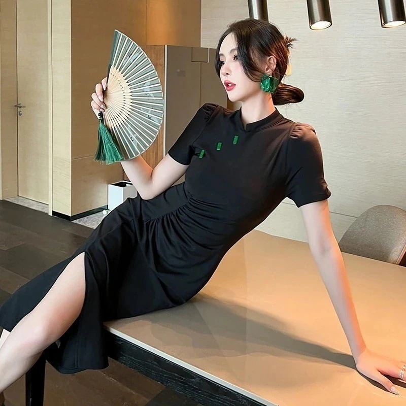 夏 新スタイル 女性 新中国風 改善 チャイナ ヒップスカート スリム スリム 黒 半袖ワンピース フォーマル パーティードレス 同窓会 結婚式 披露宴 卒業式 二次会 発表会30%までに制限