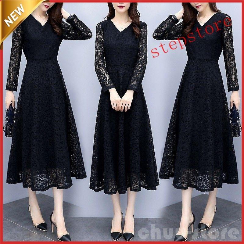 【即納】パーティードレスブラックフォーマルワンピース大きいサイズ3L4L5L6Lレディース黒ロングドレス袖あり長袖総レースVネックお呼ばれ結婚式二次会