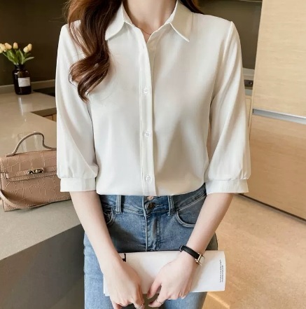 トップス シャツ ブラウス 袖あり 七分袖 Vネック ストレート 前開き ボタン シフォン サテン 綺麗め きれいめ シンプル カジュアル 大人 上品 おしゃれ お洒落 大人可愛い 大人女子 こなれ感