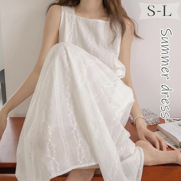 ワンピース レディース 夏ワンピ 大人可愛い かわいい 韓国 白 ホワイト シンプル ノースリーブ リゾート 小柄 二次会 入学式