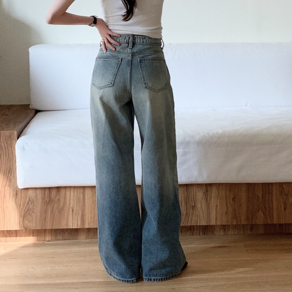 (ロングレッグフィット／ポイント ヴィンテージウォッシュ) ウォッシュ ワイド コットン デニム パンツ ps5607