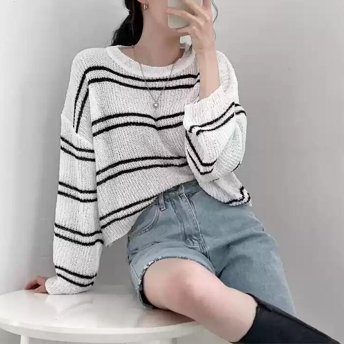 トップス ニット カットソー セーター ボーダー プルオーバー レディース エレガント 大人 可愛い きれいめ カジュアル フェミニン 長袖 ナチュラル 透け感 ベージュ ホワイト 白 ブルー 青 ブニット