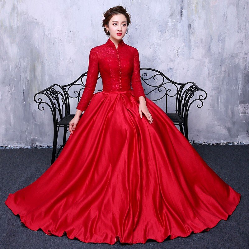 カラードレス 赤 コンサート 長袖 ロングドレス 演奏会 パーティードレス 安い ウェディングカラー
