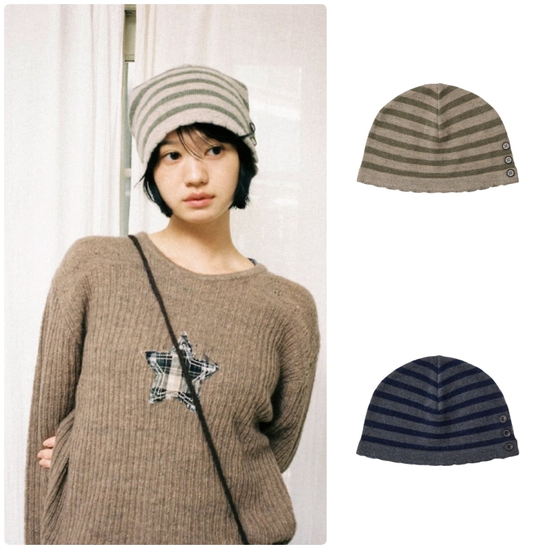 【eaea】 25FW STRIPE BUTTON BEANIE : 2COLORS