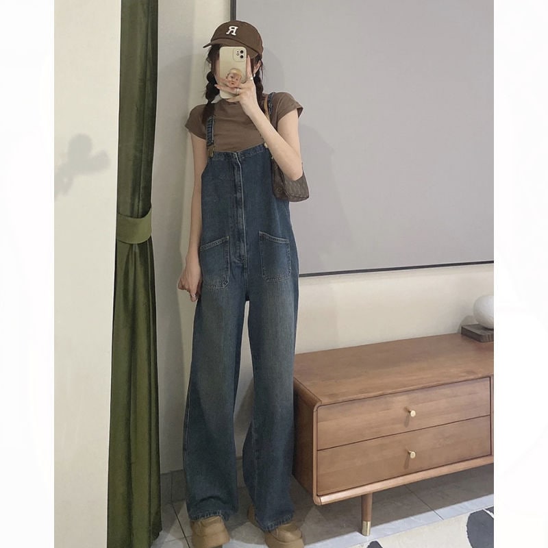 キキョウデニムオーバーオール女性用2024年夏年齢軽減ストレートレッグルーズハイウエストワイドレッグワークジャンプスーツ