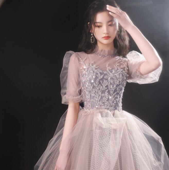 新品更新 かわいい 透け感 レディースドレス 宴会 パーティー 結婚式 ブライズメイド ウェディングドレス イブニングドレス メッシュ スパンコール ロング丈ドレス 編み上げ エレガント 立ち襟 森系