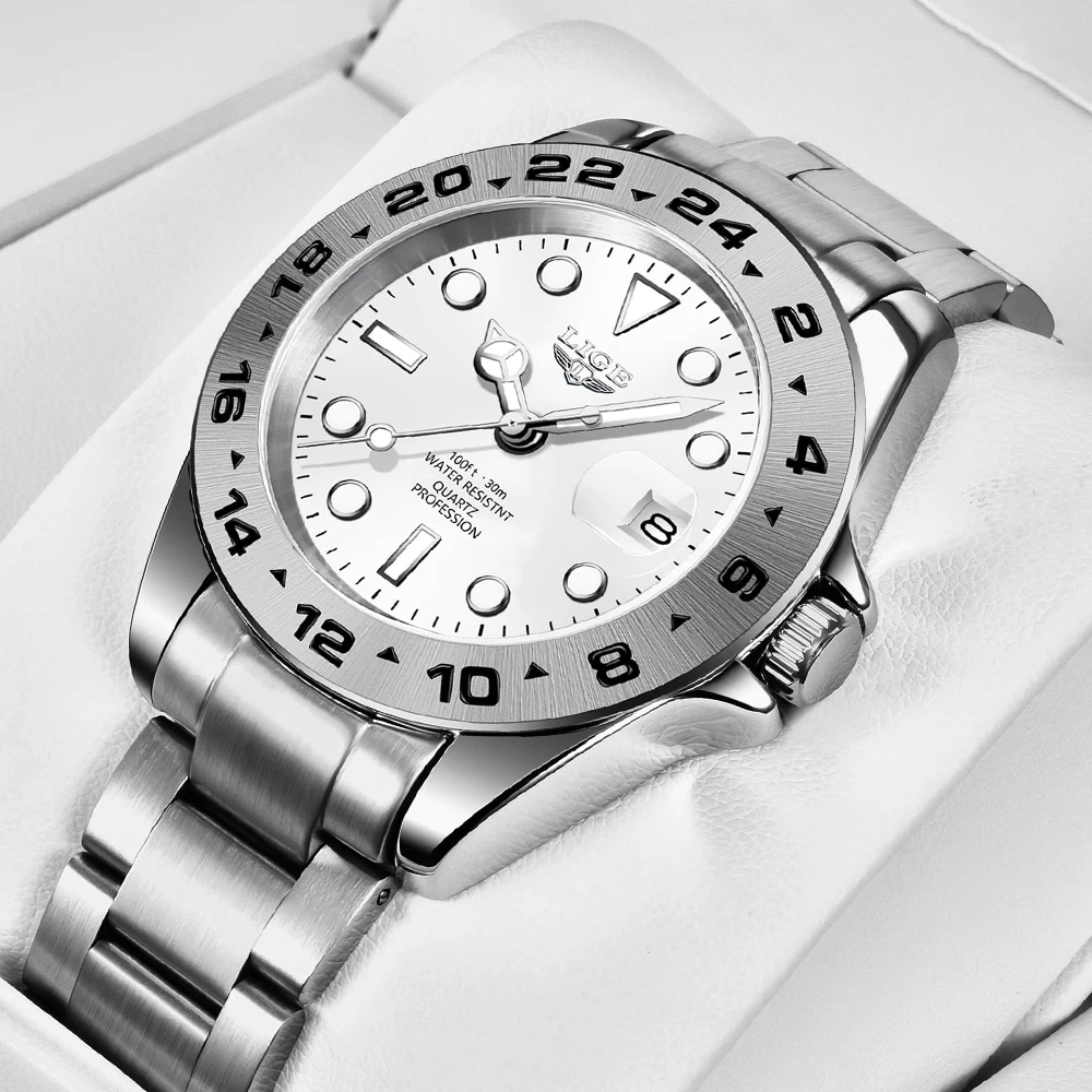 Lige-メンズ防水フルスチールクォーツ時計スポーツウォッチミリタリークロックトップブランドラグジュアリーホットセール