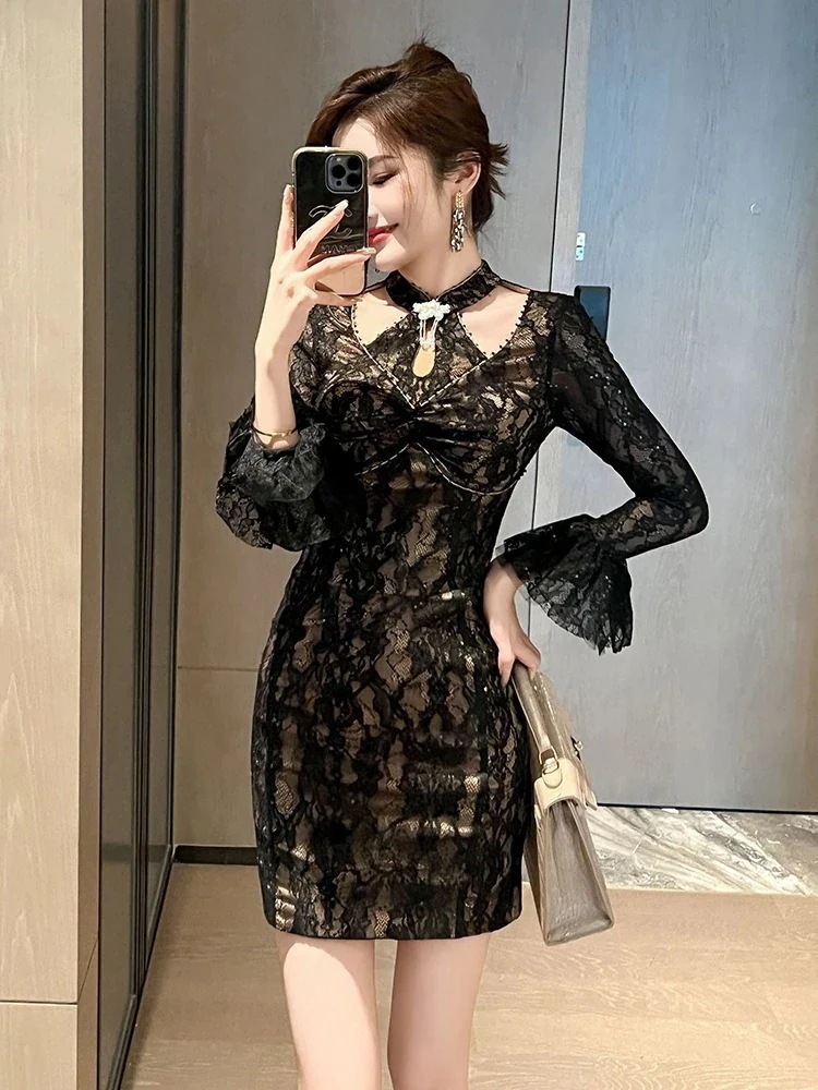 2024 春秋冬 新作 フレンチデザイン 透かし彫り 首掛け タイトスカート レースワンピース韓国ファッション