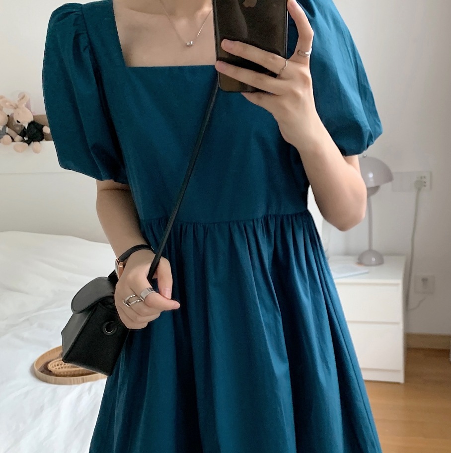 ワンピース デート かわいい 大人可愛い きれいめ シンプル カジュアル 大人 上品 おしゃれ　スクエアネック 半袖 無地 ミニ丈 パフスリーブ フレア ウエストマーク 春夏 韓国 ブルー 休日 韓国
