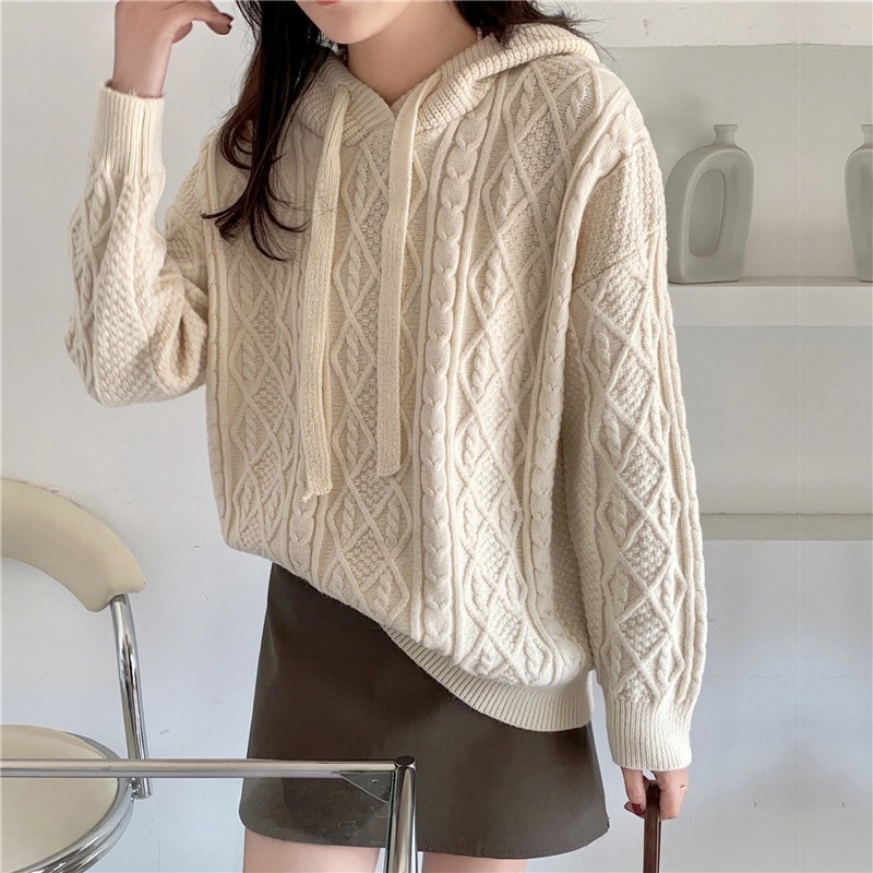 女性用ツイストフード付きセーターレイジースタイルカジュアルルーズトップファッショナブルなボトムセータージャケット