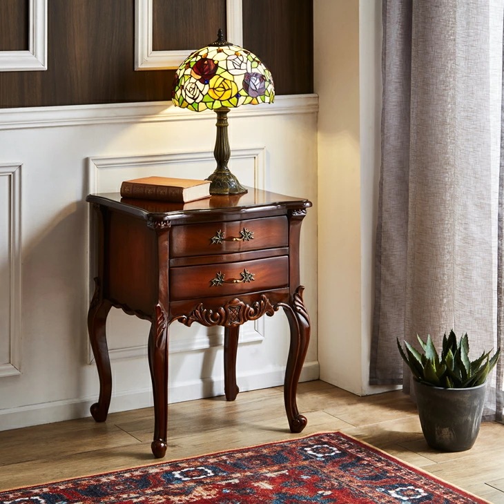 マホガニー ナイトテーブル ベッドサイドテーブル 2段引出し 収納