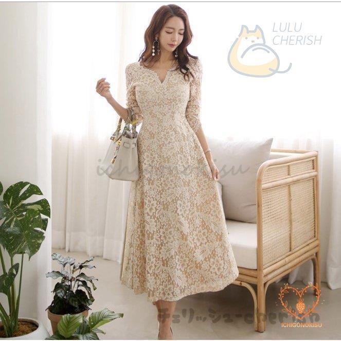 【即納】パーティードレス 袖あり 韓国風 結婚式 ドレス レース ワンピース ロング丈 フォーマルドレス 上品 大きいサイズ お呼ばれ 二次会 同窓会 服