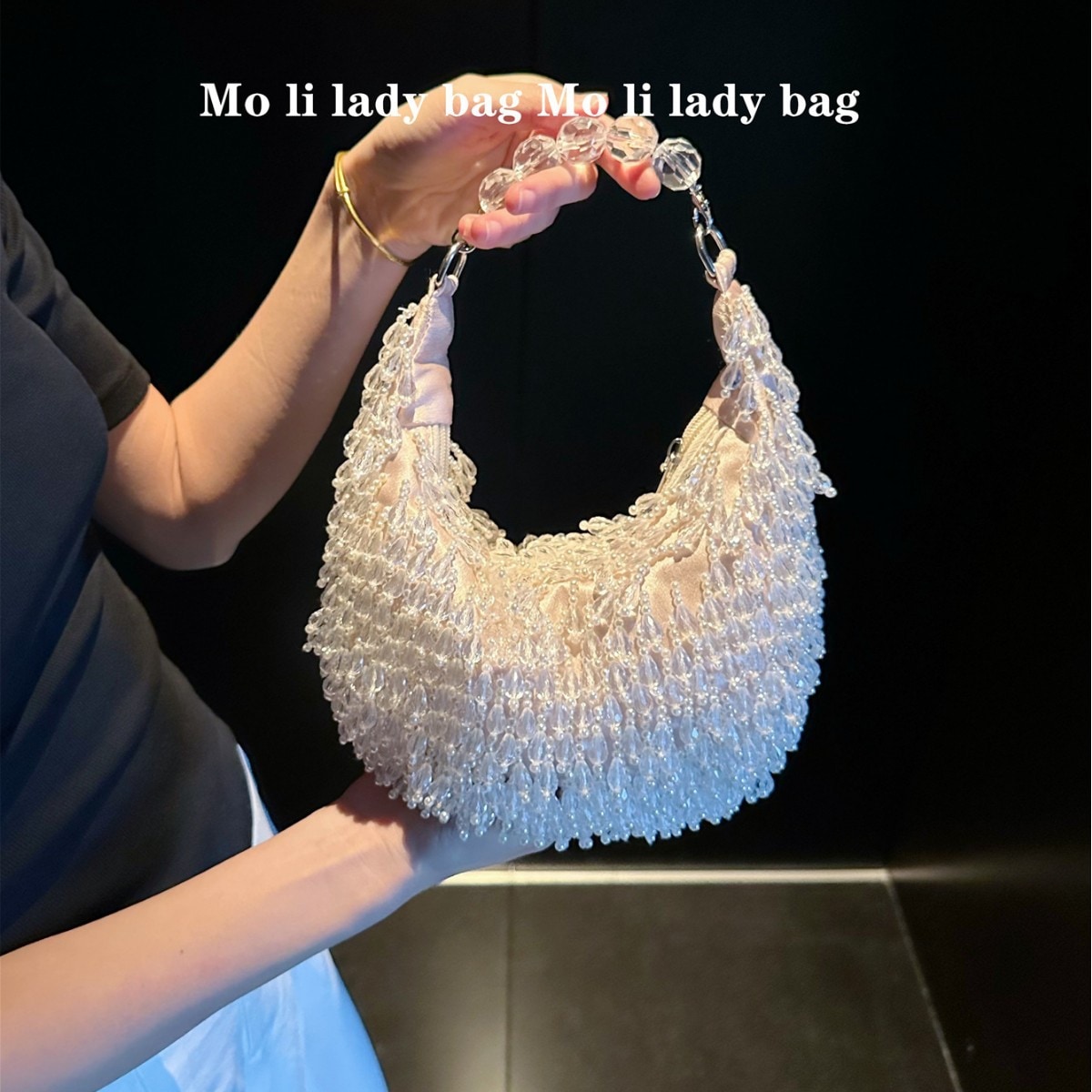 ヴィンテージインド手作りビーズクリスタルショートフリンジ手提げバッグ 三日月形サテン斜め掛け & 手提げ両用バッグ