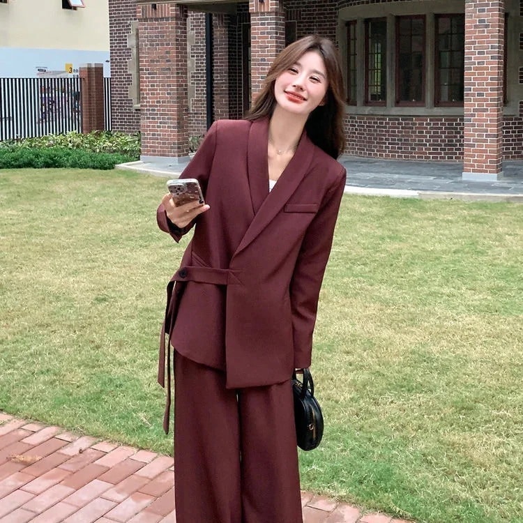 スーツセットアップ卒業式 入学式レッドレディース2025春作気質デザインセンスジャケットワイドパンツ2点セット生活応援ビジネス特集