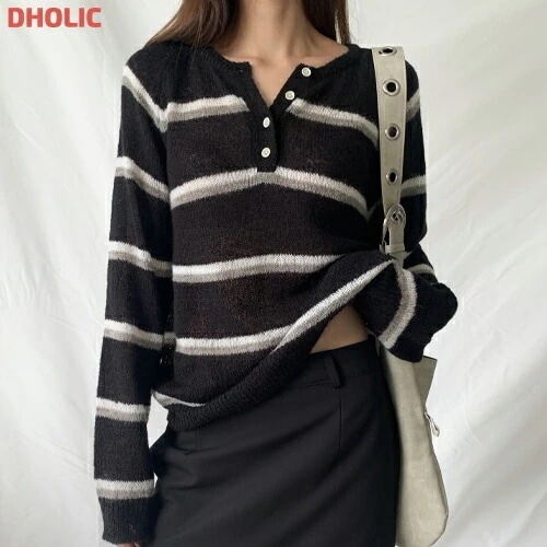 ウール混ボタンヘンリーネック長袖ボーダー配色ニット・1938466