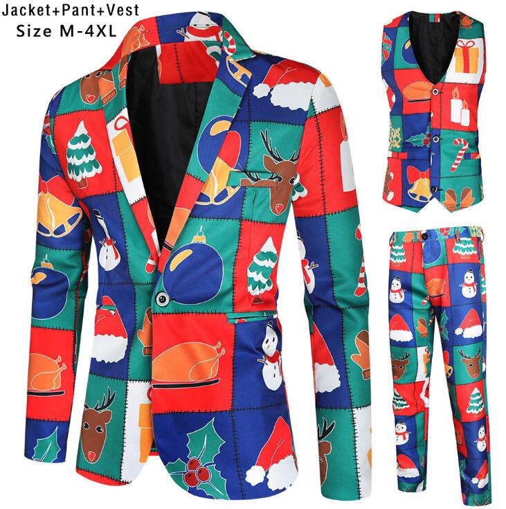 メンズ クリスマススーツ クリスマス衣装 総柄スーツ ベスト パンツ コート トナカイ プリントスーツ セット/単品選択可 舞台演出服 イベント衣装 Merry Christmas コスプレ 魔術師