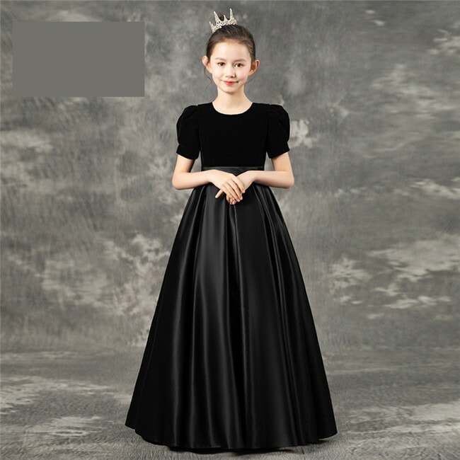 160CM 即納　ブラック ドレス 半袖 子供ドレス　キッズドレス　ピアノ　フォーマル　ワンピース　キッズ服 子供服　ロングドレス　ロング丈 女の子 ワンピース 子ども　発表会　七五三　演出舞台　結